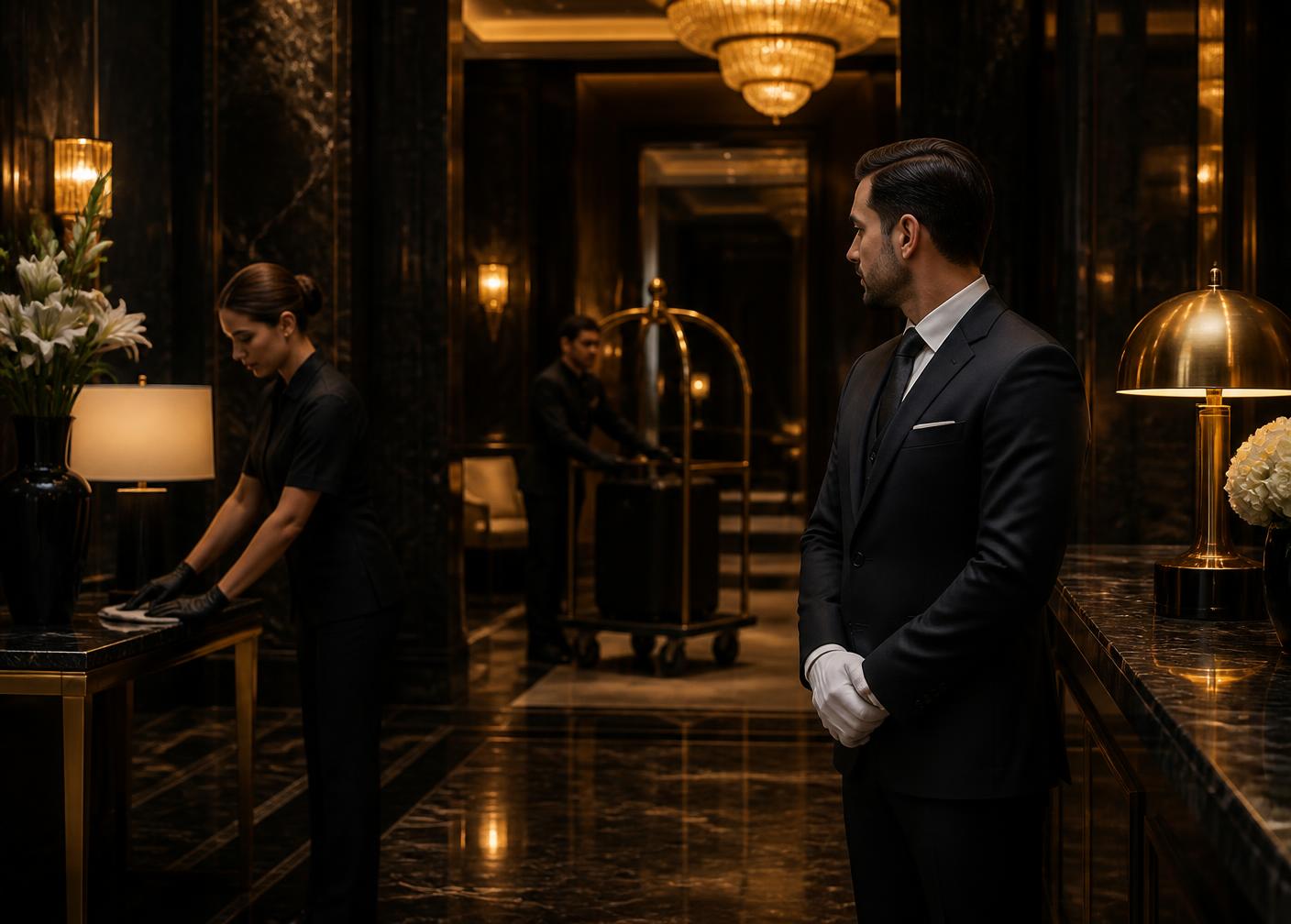 Equipe de portaria e limpeza em hall de condomínio